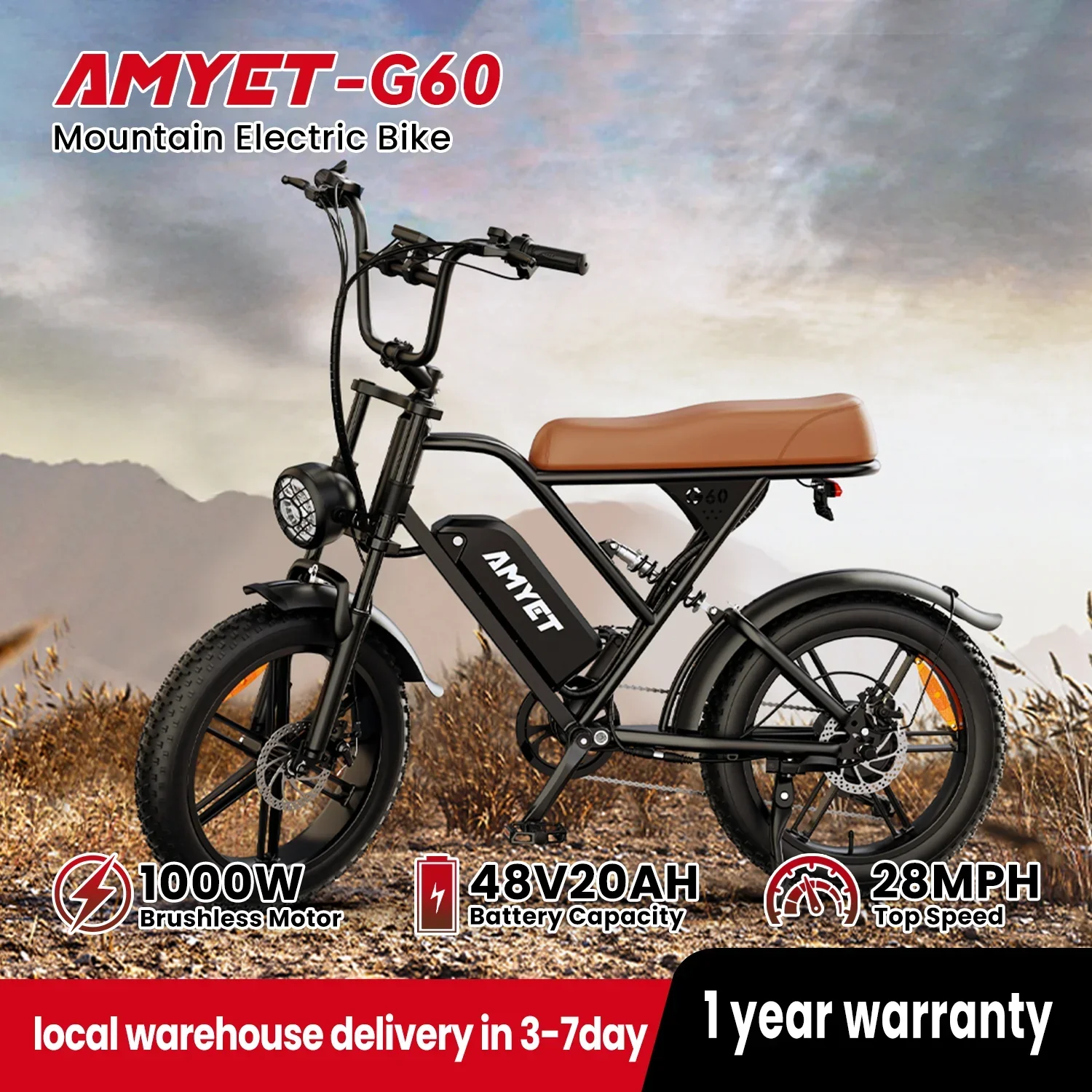 Image of AMYET V9-G60 Electric Mountain Bike - 1000W, 48V, 20AH