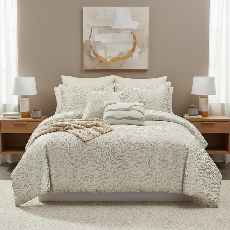 Image of Botanical 5-Piece Comforter Set - Pintuck Bedding with Abstract Wave Design