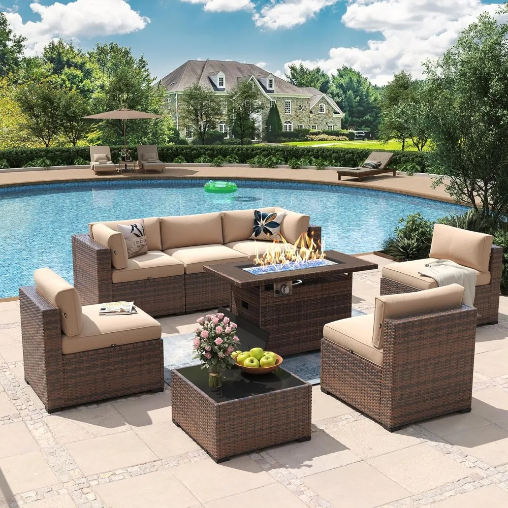 Image of 8 Piece Patio Furniture Set with 44” Fire Pit Table Wicker Rattan Outdoor Sectional Sofa Set with Coffee Table and Thickened Cu