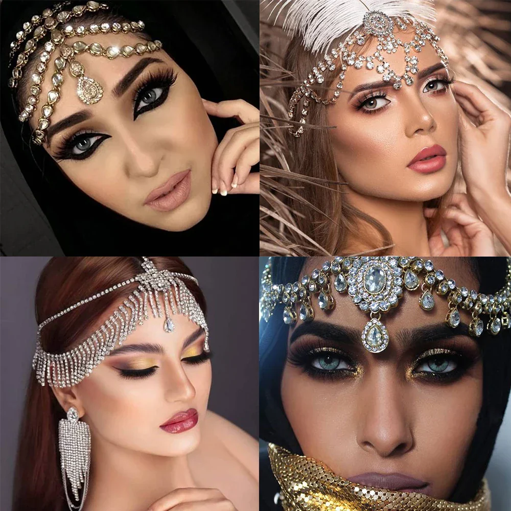 Image of Vintage Rhinestone Head Chain Forehead Headband Indian African Bohemian Hair Accessories Crystal Fringe Tiara Headdress
