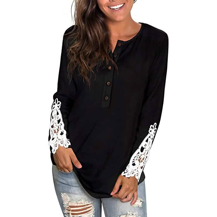 Image of Women's Long Sleeve Solid Color Round Neck Lace Buttons Tunic Tops