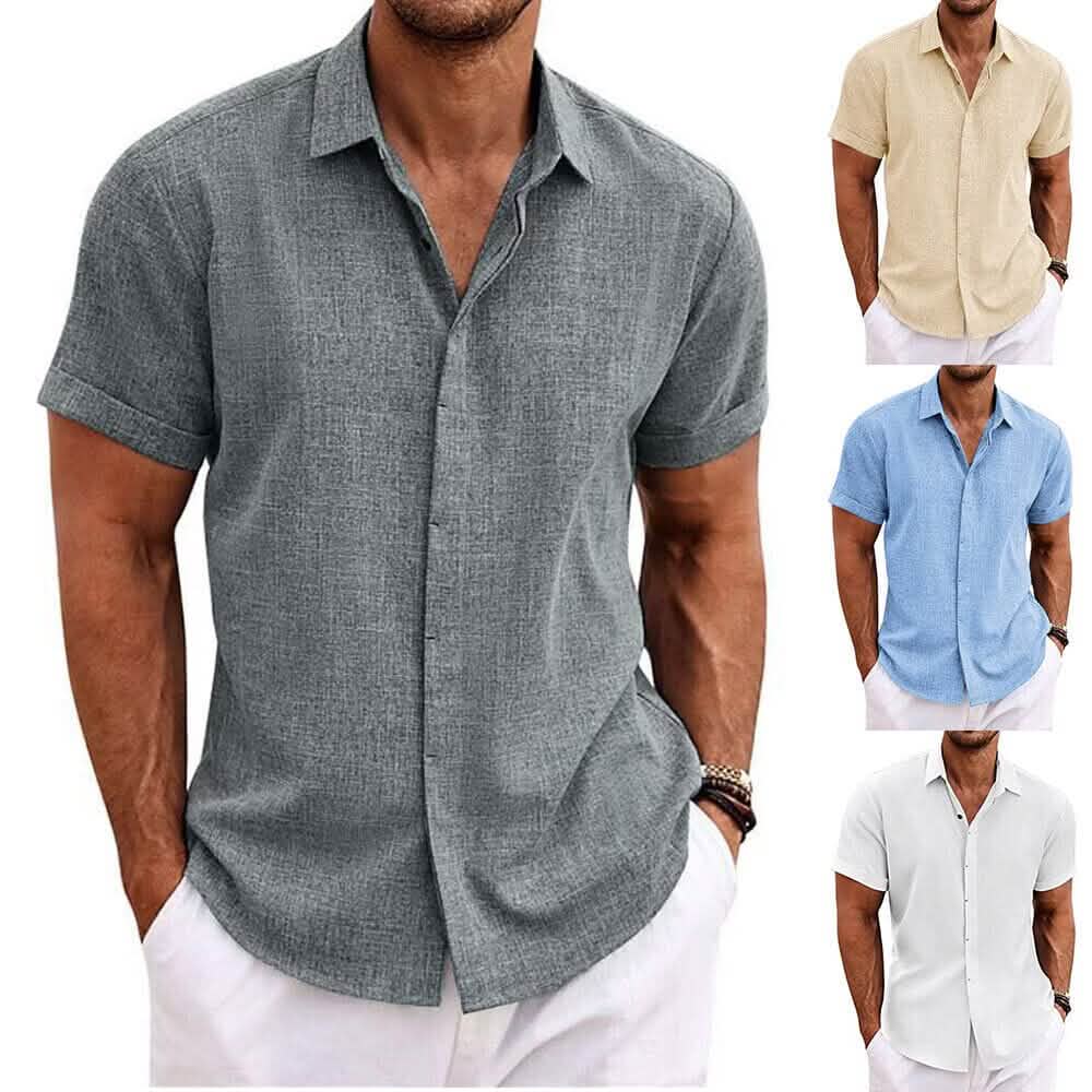Image of Men's Button Down Shirt Short Sleeve Plain Lapel