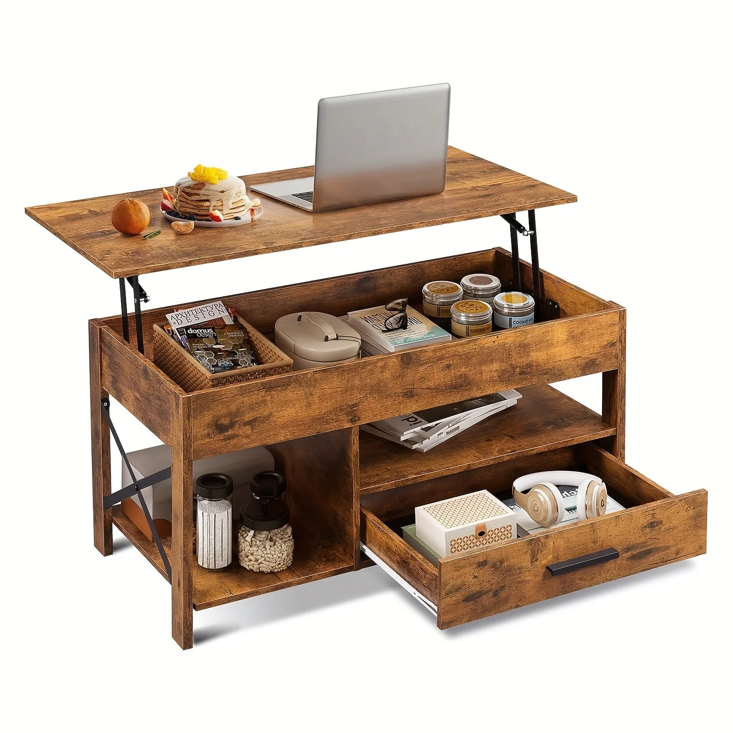 Image of Lift Top Coffee Table w/Hidden Storage Drawer Shelf Retro Wood Living Room Table
