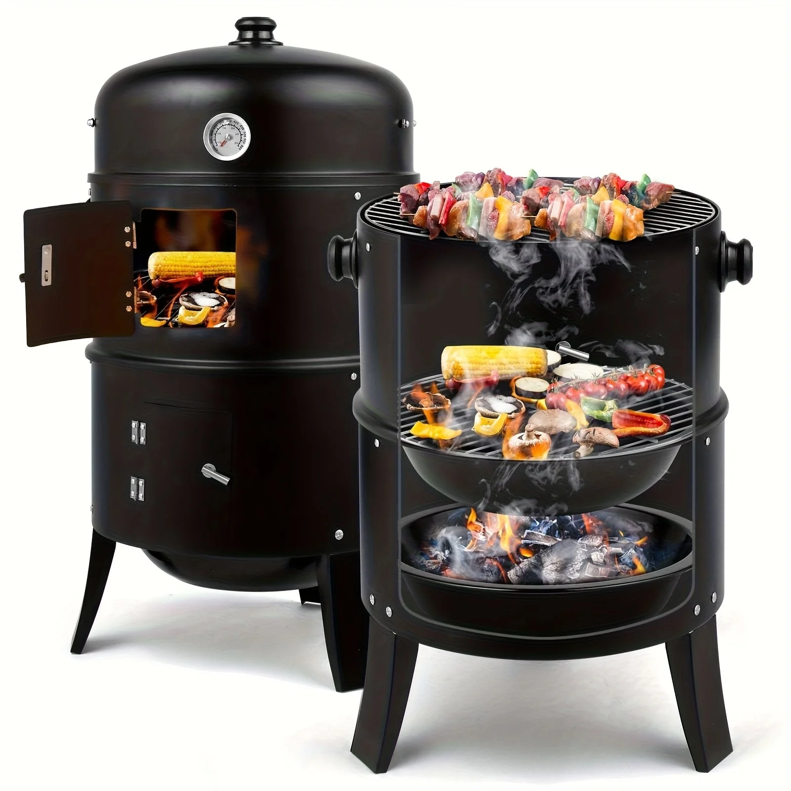 Image of 3-in-1 Charcoal Smoker Grill BBQ Fire Pit Portable Outdoor Camping Grill