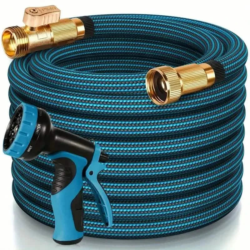 Image of Heavy-Duty Garden Hose – 25Ft Leakproof Blue Rubber with Brass Connectors & Spray Nozzle