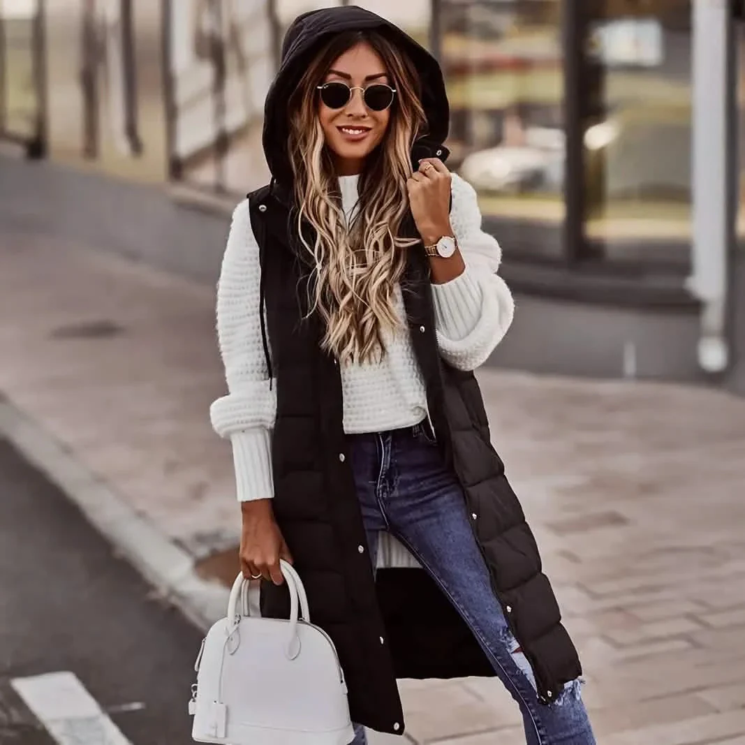 Image of Casual Sleeveless Long Button Front Hooded Coat Outerwear