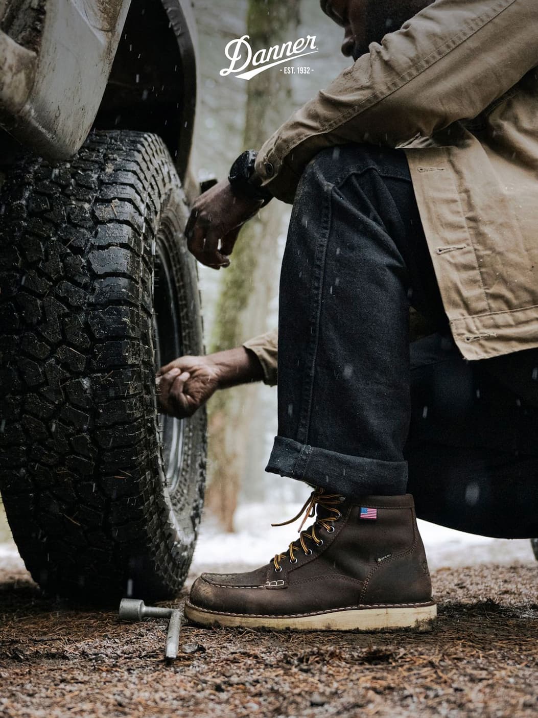 A pair of waterproof brown Bull Run Moc Toe boots