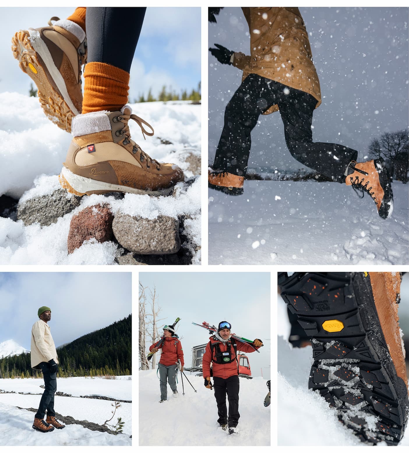 Collage of people hiking, jumping, and walking in snowy mountains wearing boots from the Danner Weatherized Collection, with close-ups of Vibram outsoles gripping snow.