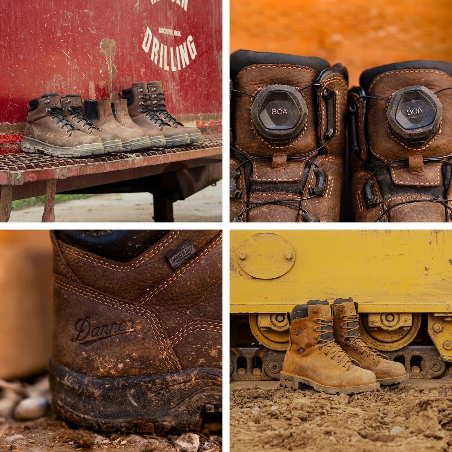 Four-panel collage of Danner work boots in worksite settings. Images feature lace-up and pull-on styles, a close-up of the BOA® Fit System, a mud-splattered leather upper with embossed Danner branding, and Quarry USA boots positioned beneath heavy equipment.