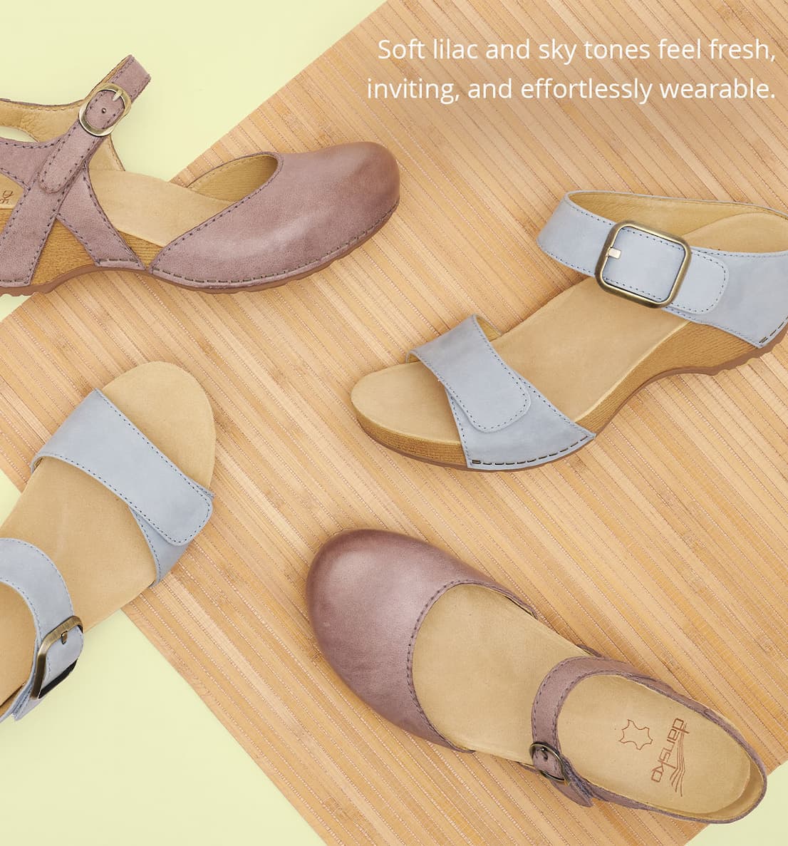 Soft lilac and sky tones feel fresh, inviting and effortlessly wearable.