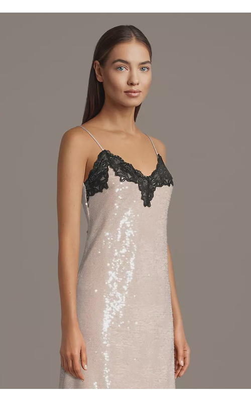 Sequin Mesh Slip Dress with Lace Trim