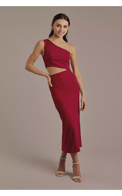 One-Shoulder Crepe Cutout Midi Sheath Dress