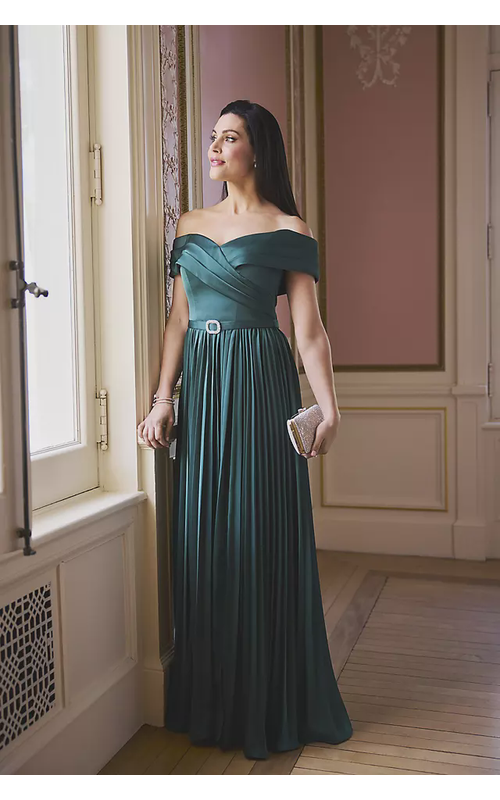 Pleated Matte Satin Off-the-Shoulder A-Line Dress