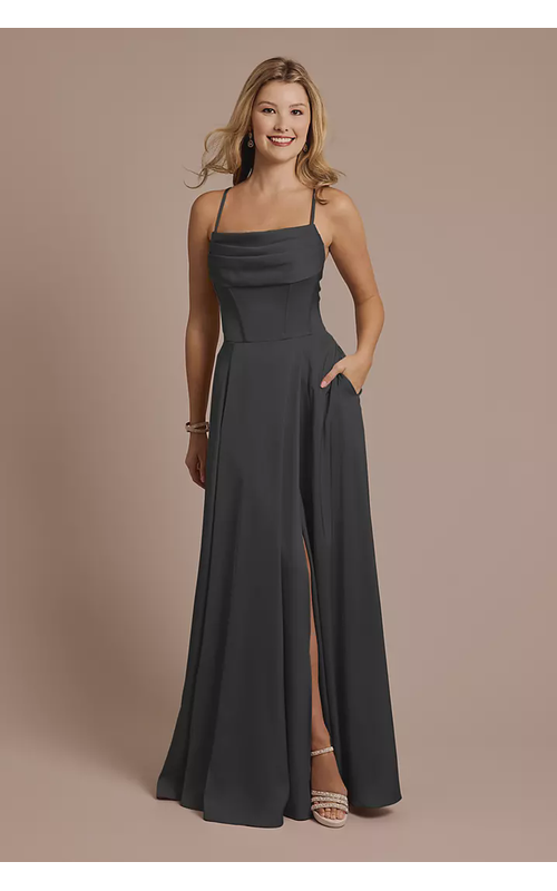 Matte Satin Cowl Neck Spaghetti Strap A-Line Dress