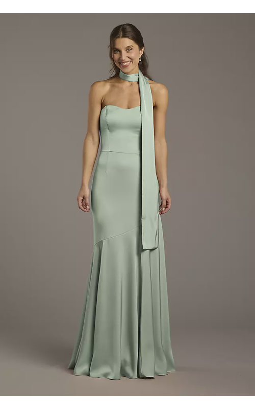 Matte Satin Strapless Sweetheart Dress with Scarf