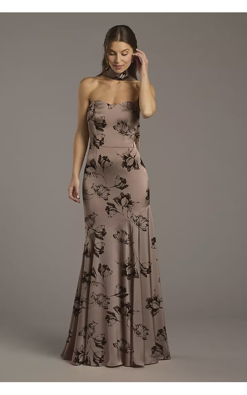 Floral Matte Satin Sweetheart Dress with Scarf