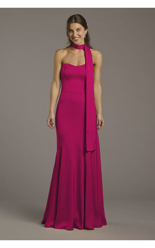 Matte Satin Strapless Sweetheart Dress with Scarf