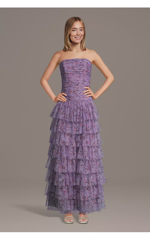 Tiered Net Strapless Drop Waist Floral Print Dress