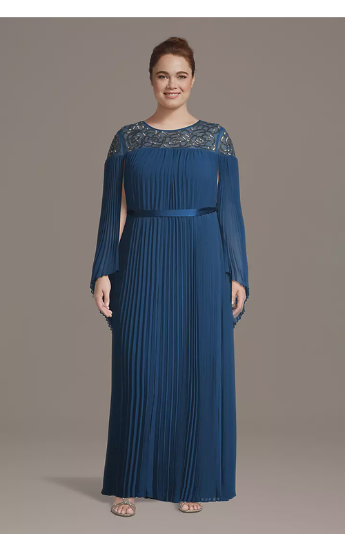 Beaded Neckline Pleated Long-Sleeve A-Line Gown