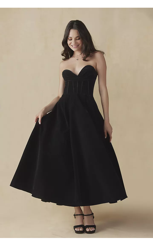 Velvet Tea-Length Dress with Lace-Up Back