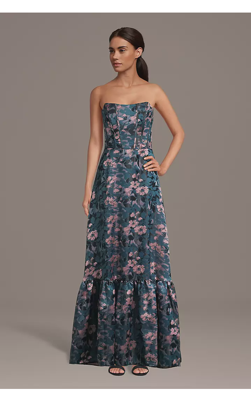 Floral Jacquard A-Line Dress with Flounce Hem