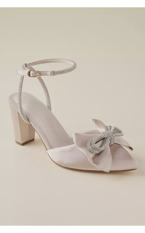 Satin Block Heel Shoes with Crystal Bow