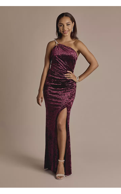 Crystal One-Shoulder Crushed Velvet Sheath Dress