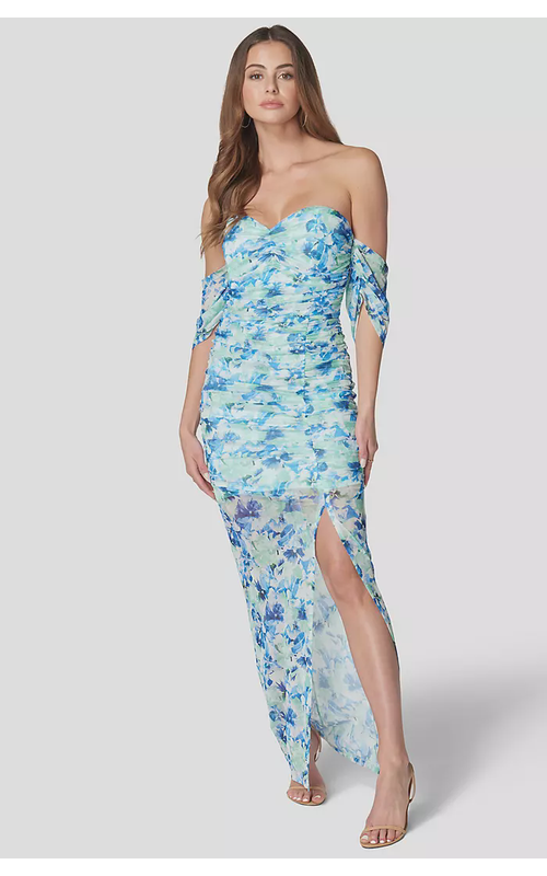 Off-the-Shoulder Mesh Dress with Illusion Skirt