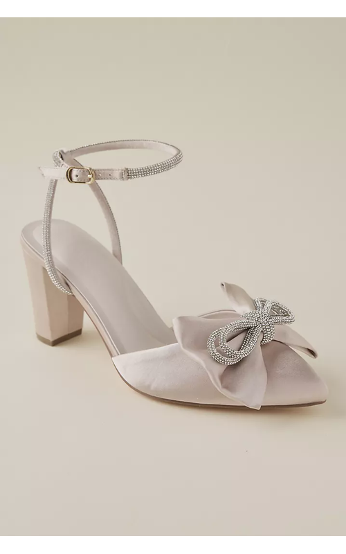 Satin Block Heel Shoes with Crystal Bow