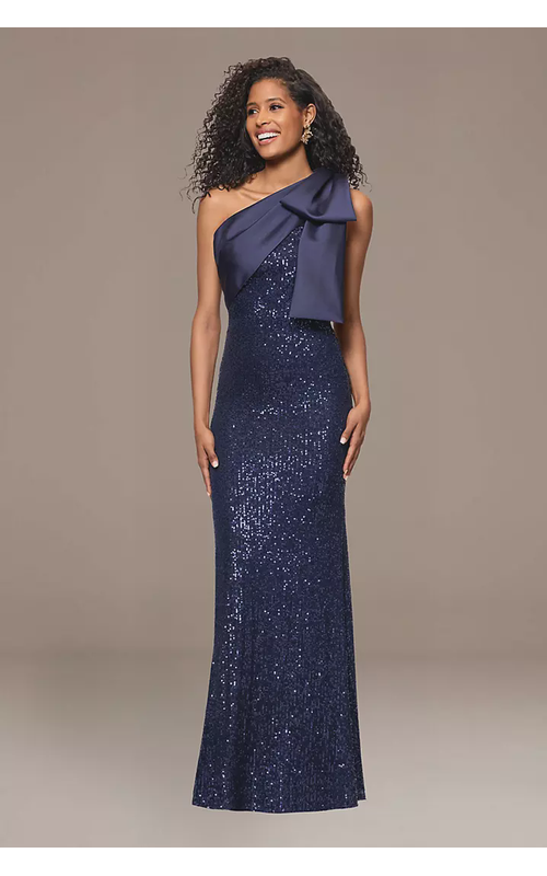 Sequin One-Shoulder Gown with Satin Bow