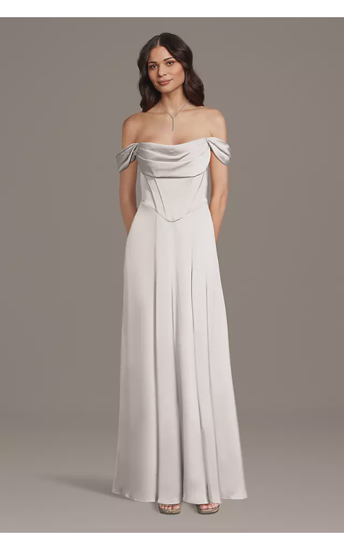 Matte Satin Basque Waist Off-the-Shoulder Dress