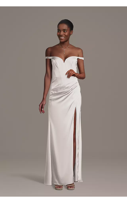 Matte Satin Drop Waist Off-the-Shoulder Dress