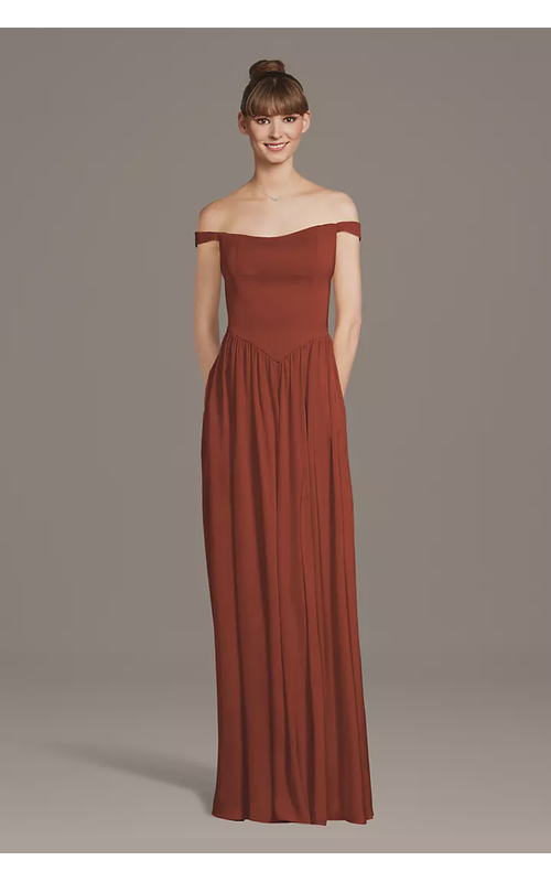 Matte Satin Off-the-Shoulder Basque Waist Dress