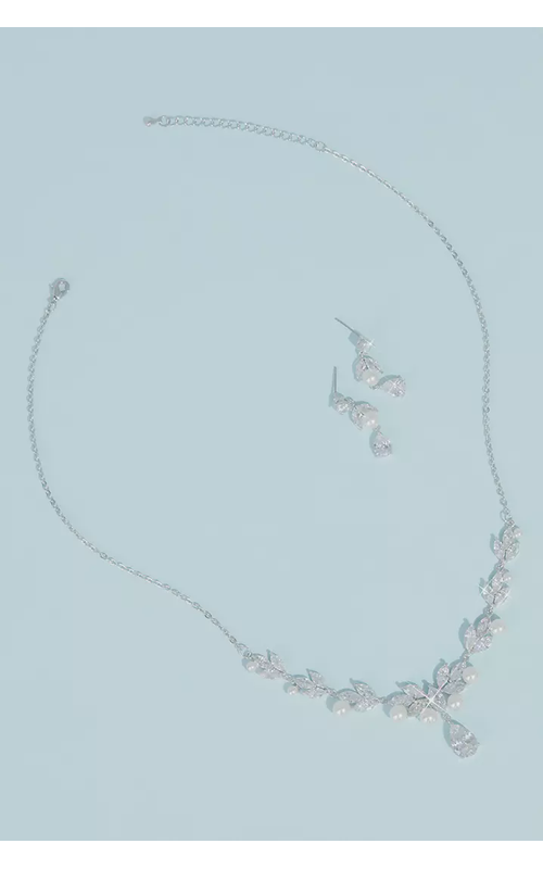 Pearl Cubic Zirconia Leaf Necklace and Earring Set