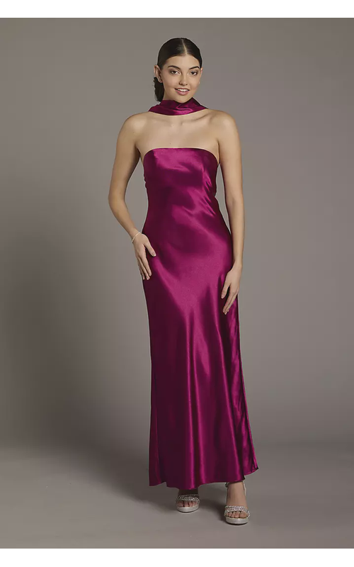 Strapless Charmeuse Sheath Dress with Scarf