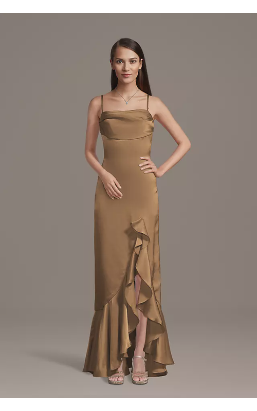Charmeuse Cowl Neck Ruffle Skirt Sheath Dress