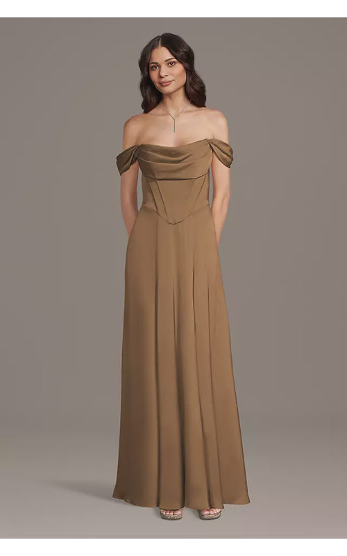 Matte Satin Basque Waist Off-the-Shoulder Dress