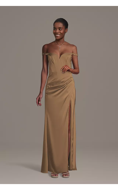 Matte Satin Drop Waist Off-the-Shoulder Dress