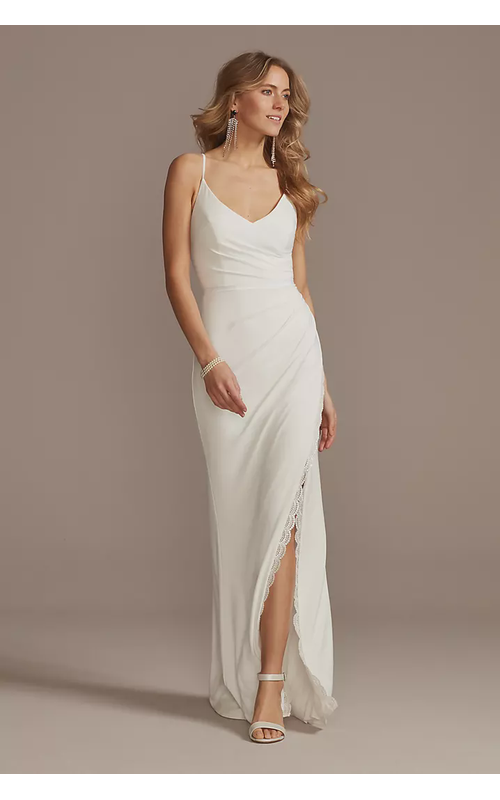 Ruched Skinny Strap Dress with Lace Slit