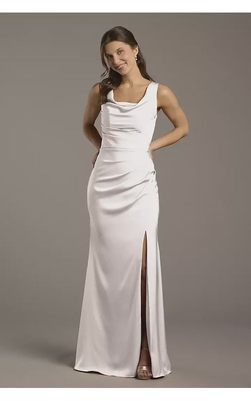 Matte Satin Cowl Neck Sheath Dress
