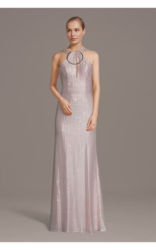 Metallic High-Neck Sheath Dress with Keyhole