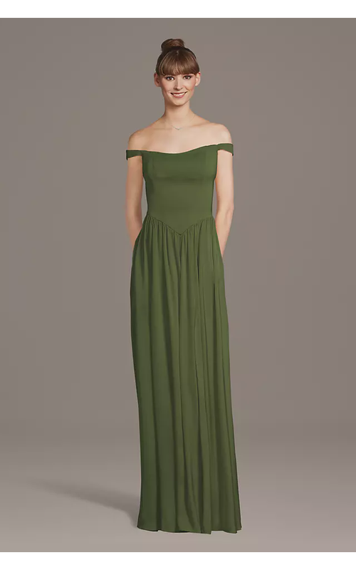 Matte Satin Off-the-Shoulder Basque Waist Dress