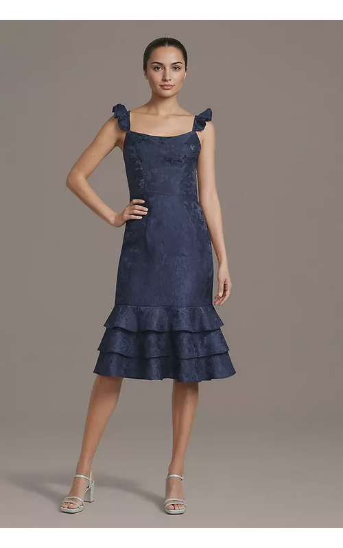 Ruffle Strap Brocade Midi Dress with Flounce Hem