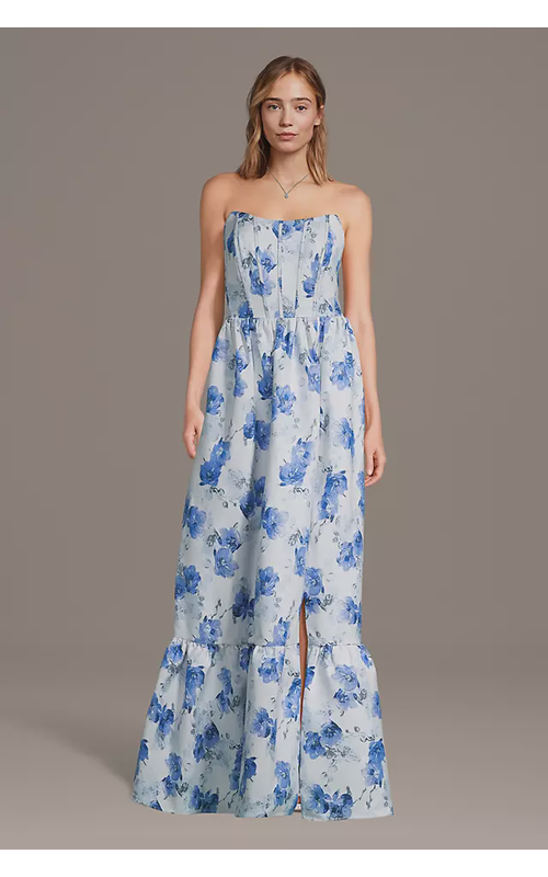 Strapless Floral Brocade Corset A-Line Dress