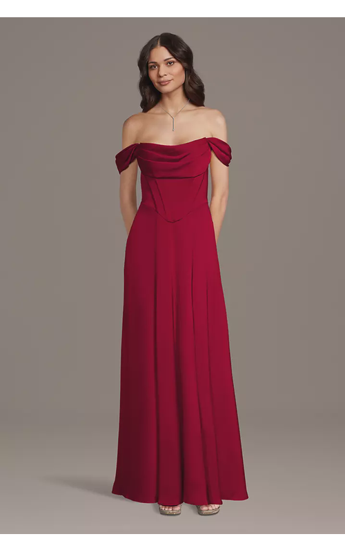 Matte Satin Basque Waist Off-the-Shoulder Dress