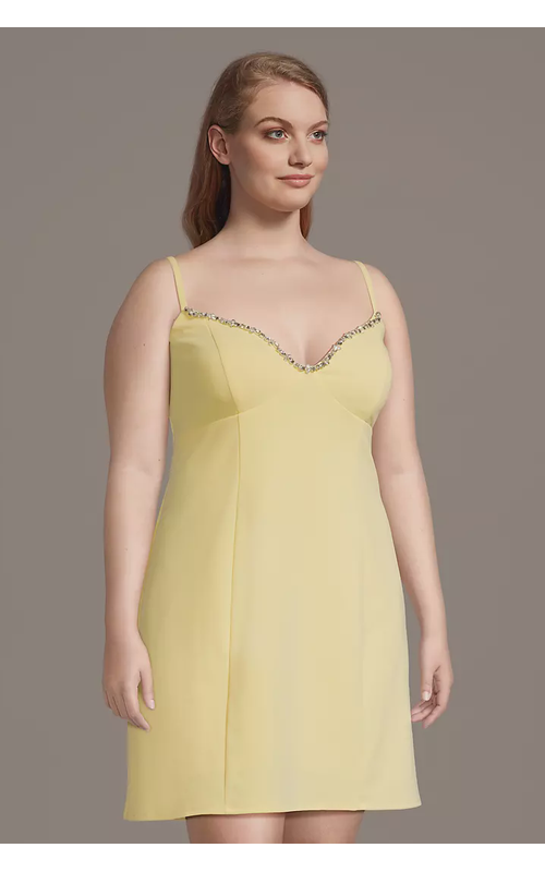 Crepe Mini Dress with Rhinestone Trim Neckline