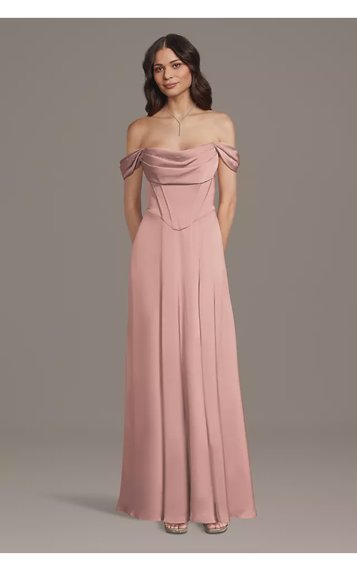 Matte Satin Basque Waist Off-the-Shoulder Dress