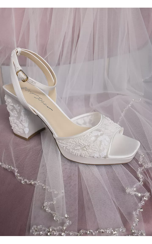 Floral Beaded Satin Block Heel Sandals