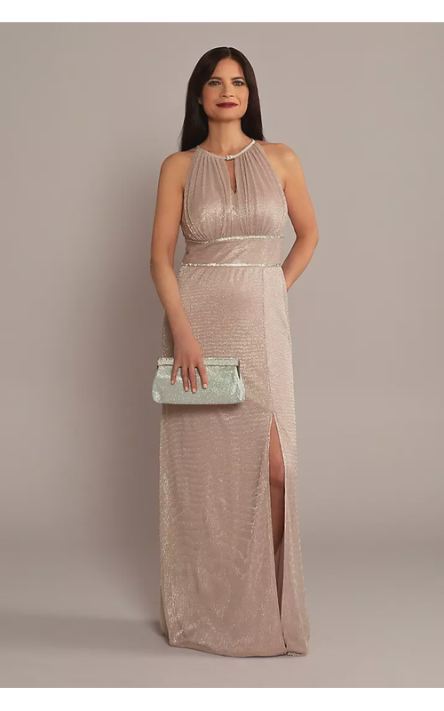High-Neck Glitter A-Line Gown with Keyholes