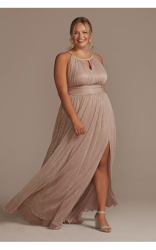Plus Size Pleated Long Halter Dress with Keyhole